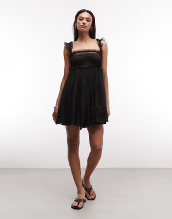 オールセインツ レディース トップス 衣裳 ギャザー ミニ ノースリーブ スピード競技 AllSaints Angela sleeveless lace ruched mini babydoll dress black 黒いこと