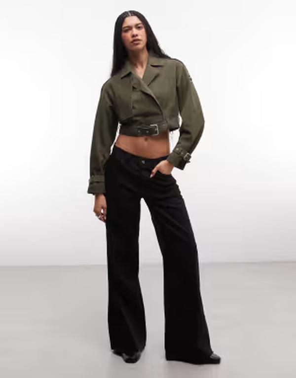 オールセインツ レディース アウター 上衣・上衣 スエードクロス クロップド なめし革 AllSaints Ophelia cropped suede leather jacket with belt detail CELADON GREEN 緑であること