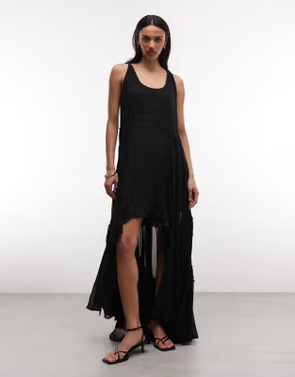 オールセインツ レディース トップス 衣装 非対称 ギャザー フラウンス MIDI ノースリーブ AllSaints Dorina sleeveless ruched asymmetric ruffle MIDI dress black 黒いこと