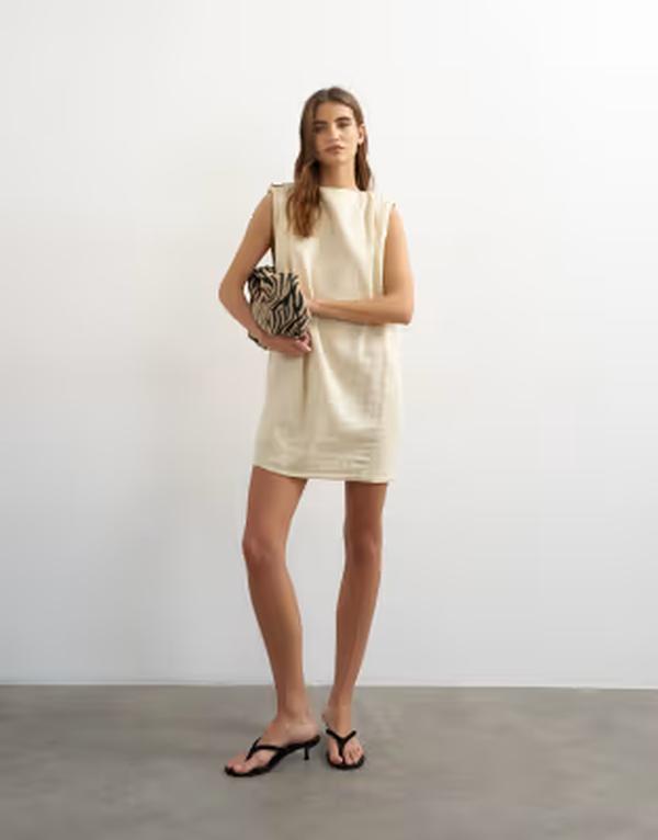 とっ始め販売店 レディース トップス 衣装 ミニ リネン Topshop linen rich exaggerated shoulder mini dress Beige ベージュ
