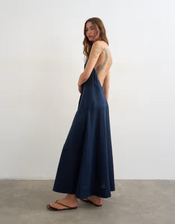 いの一番販売店 レディース トップス 衣装 リネン マキシ ホルター Topshopremium linen richalter neck wrap maxi dress インチ dark Navy 米国海軍
