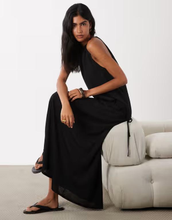 エイソス レディース トップス ワンピース ジャージー マキシ ASOS DESIGN textured jersey wrap scarf detail maxi dress Black ブラック｜ReVida 店 15,315円