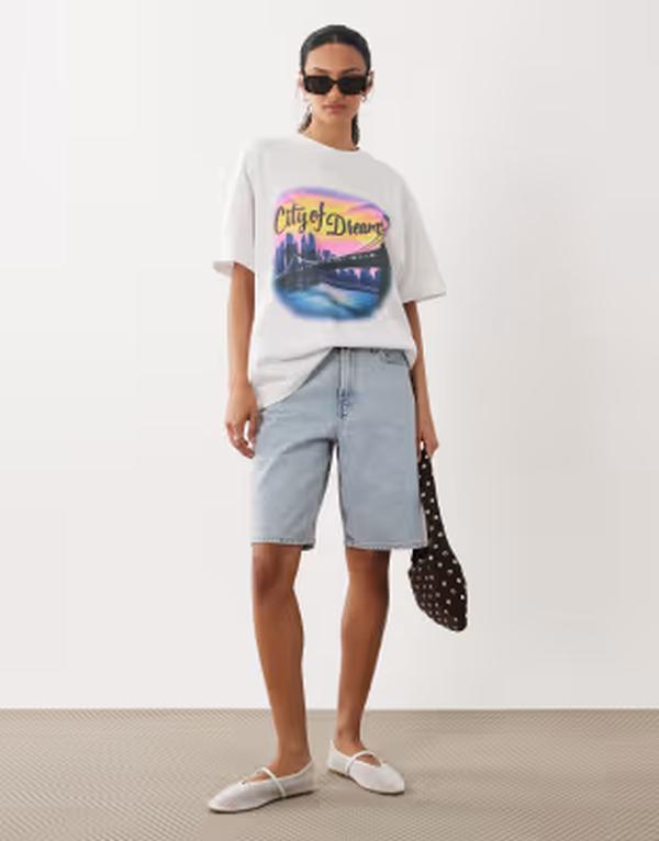 エイソス レディース トップス ティーシャツ グラフィック ASOS DESIGN T-shirt with city of dreams airbrush graphic インチ washed charcoal PRINT 暗灰色