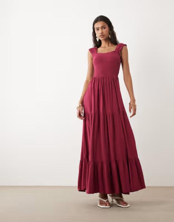 別墅 レディース トップス 衣装 ティアード マキシ Vila shirred bodice tiered maxi dress インチ wine Anemone 赤いこと