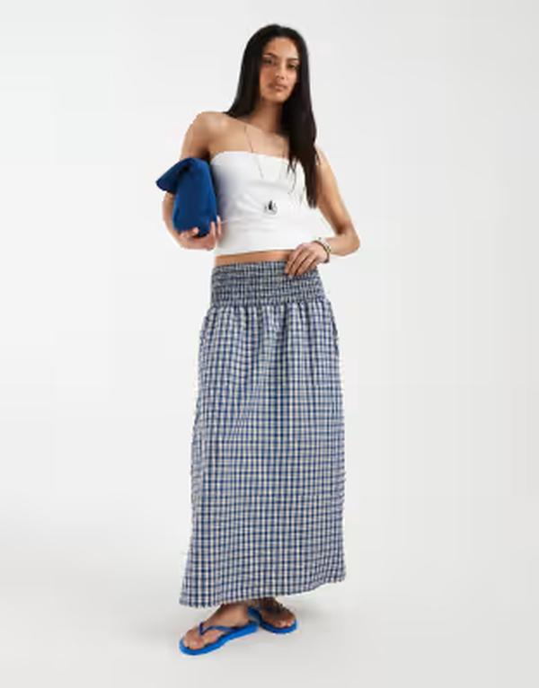 エイソス レディース 下つ方スコート マキシ ASOS DESIGN shirred waist maxi skirt plaid - part of a set Blue Check 青碧