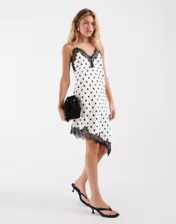 オンリー レディース トップス ワンピース ドット柄 アシンメトリー ドット プリント ミニ サテン レース ONLY lace detail asymmetric satin mini dress polka dot print WHITE ホワイト｜ReVida 店
