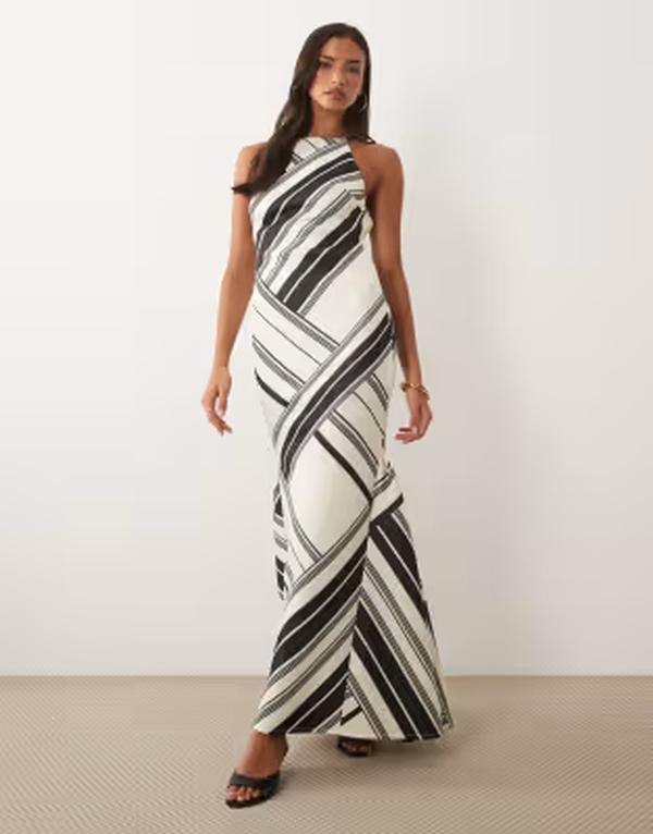 エイソス レディース トップス 衣裳 公々然たるうしろ側 ハイネック マキシ ASOS DESIGN high neck maxi dress with open back and white stripestripe Print 縞模様