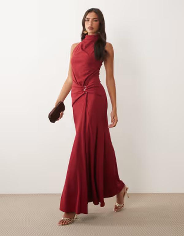 エイソス レディース トップス 衣裳 ハイネック ドレープ マキシ ASOS DESIGN high neck draped maxi dress with trim detail インチ rust 挙げ句の果て