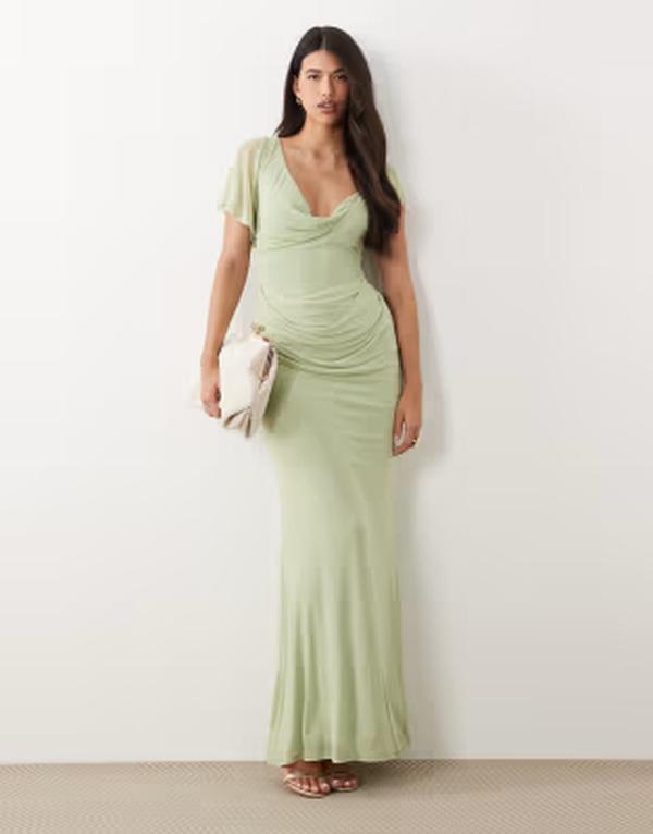 エイソス レディース トップス ワンピース アシンメトリー ドレープ メッシュ マキシ ASOS DESIGN draped mesh asymmetric sleeve maxi dress in sage GREEN グリーン｜ReVida 店 17,266円