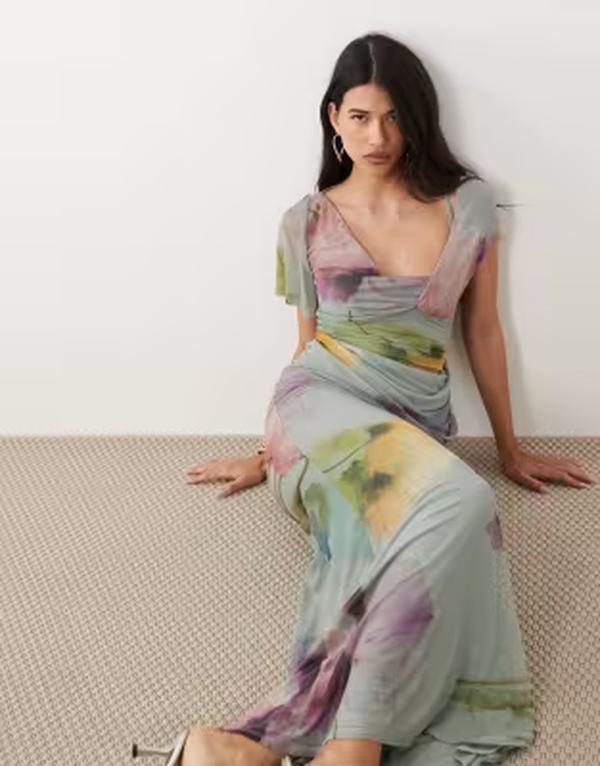 エイソス レディース トップス 衣装 非対称 御花柄 ドレープ メッシュ マキシ 御花 ASOS DESIGN draped mesh asymmetric sleeve maxi dress floral Blue floral 青み