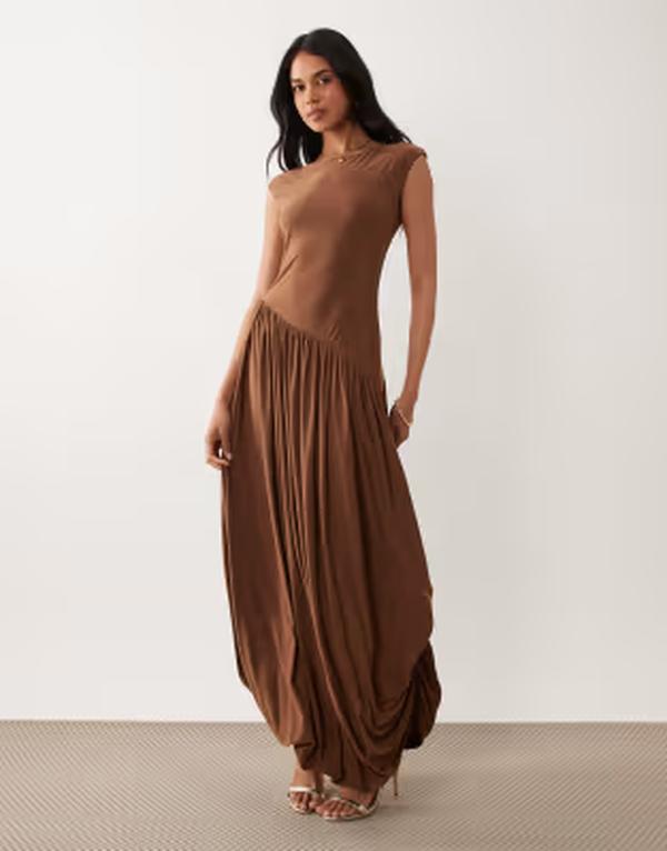 エイソス レディース トップス 衣装 非対称 マキシ ASOS DESIGN slinky bubble hemaxi dress with asymmetric seam インチ mustard 洋芥子