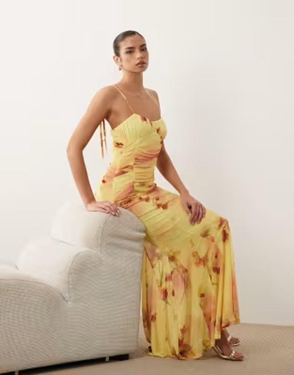 エイソス レディース トップス 衣装 御花柄 刷り上げる メッシュ 対照 御花 ASOS DESIGN printed mesh fishtail dress with contrast bust insert インチ yellow floral YELLOW FLORAL 黄色
