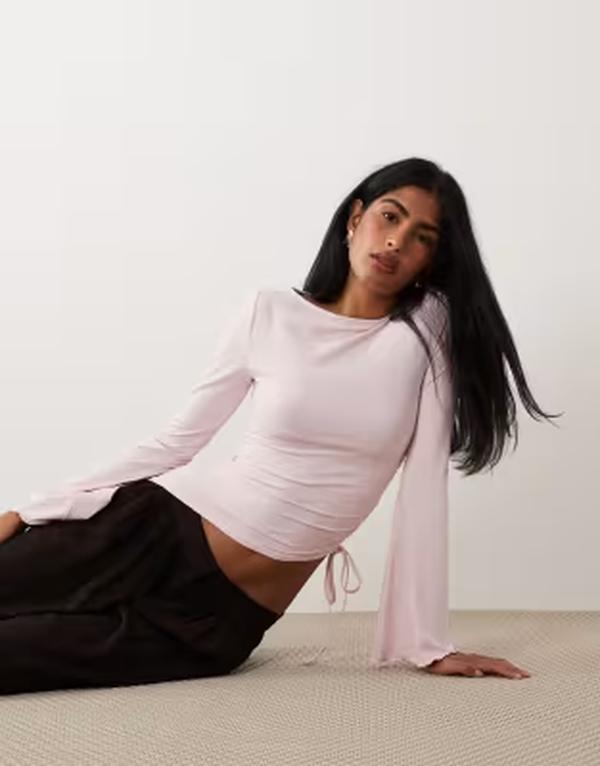 エイソス レディース トップス ティーシャツ ASOS DESIGN drawstring detail top with flute sleeve pink サクラ色