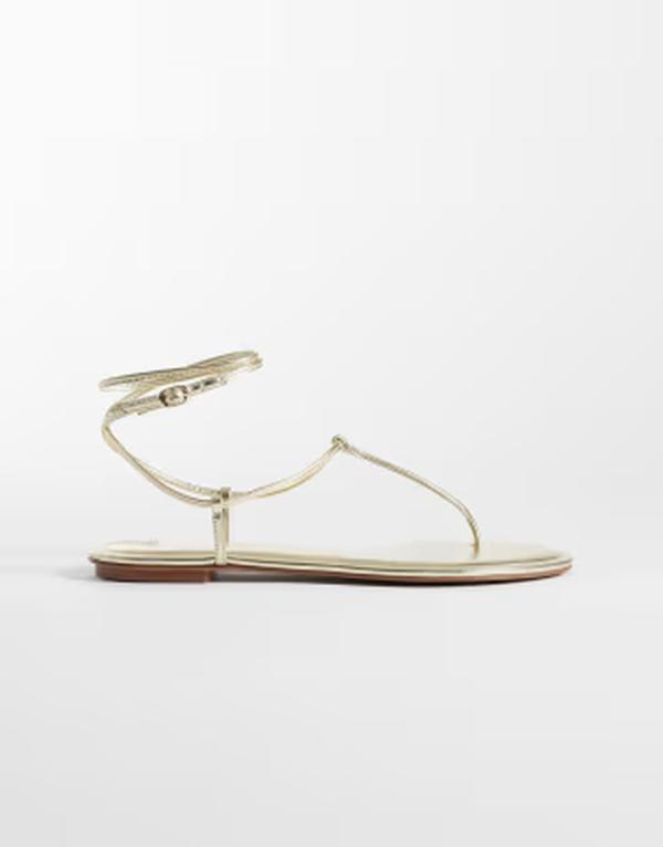 マンゴ レディース シューズ サンダル Mango strappy flatoe post sandals GOLD ゴールド