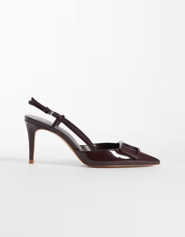 マンゴ レディース シューズ 踵 Mango pointed toe slingback heels with statement buckle インチ dark BROWN 赤銅色