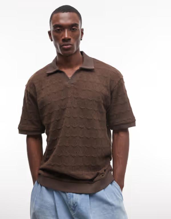 エイソス メンズ トップス スポーツシャツ ASOS DESIGN heavyweight boxy oversized relaxed polo textured fabric BROWN 赤銅色