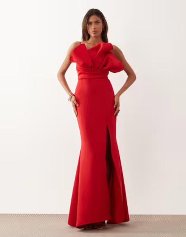エイソス レディース トップス 衣裳キューバ共和国 マキシ ASOS DESIGN structured neck detailing maxi dresscuba-style fabric Red 赤いこと