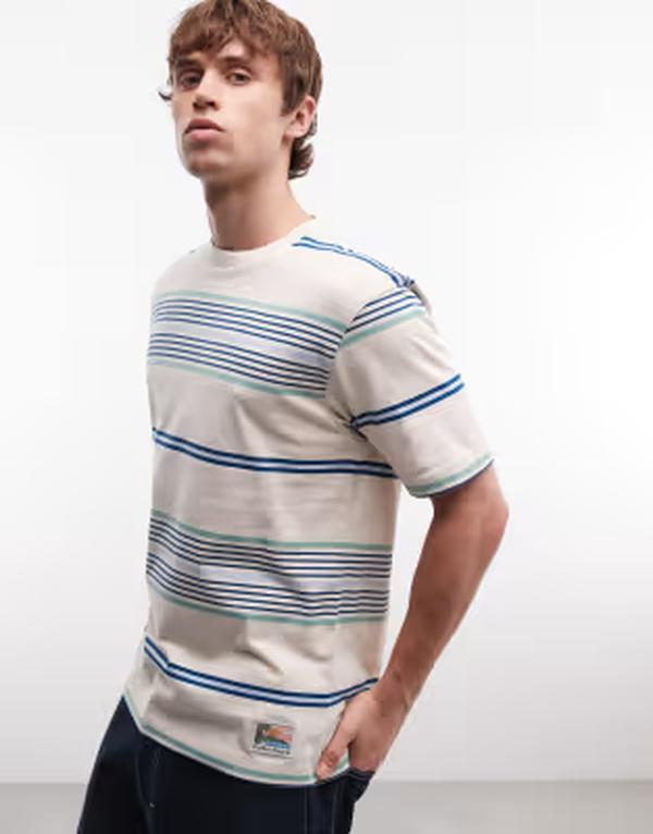茶飲み友だちレ メンズ トップス プルオーバー Parlez short sleeve calm striped T-shirt インチ cream/blue Multi マルチ色合い