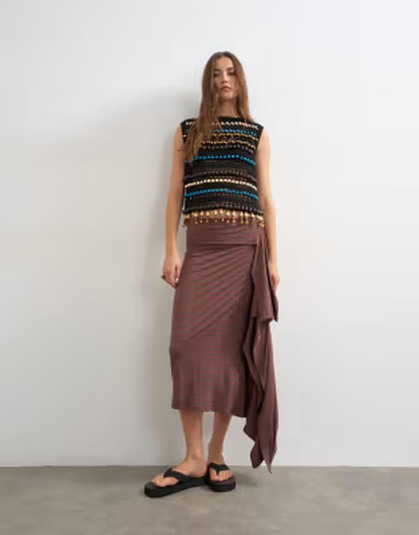 とっ始め販売店 レディース 下つ方スコート ドレープ MIDI Topshop stripedraped MIDI skirt BROWN 赤銅色