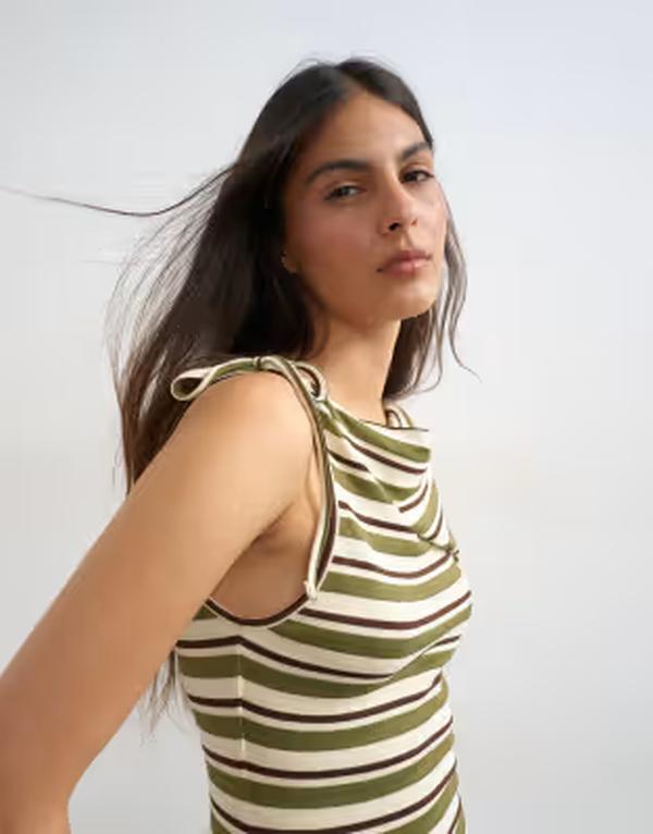 トップショップ レディース トップス タンクトップ Topshop stripe fold over tie shoulder tank GREEN グリーン｜ReVida 店