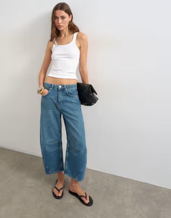 いの一番販売店 レディース ボトムス ジーンズズボン下 デニム Topshop mid rise crop barrel jeans インチ rich blue 青碧