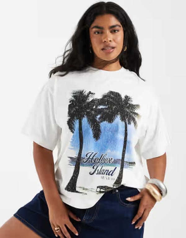 エイソス レディース トップス ティーシャツ グラフィック ASOS Curve ASOS DESIGN Curve oversized t-shirt witholbox Island palm tree graphic WHITE 白いこと