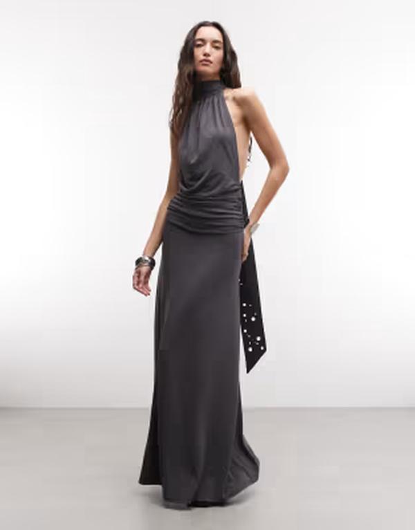平日 レディース トップス 衣装 マキシ ホルター Weekday halter neck scarf detail maxi dress with drop waist インチ dark gray 薄墨色