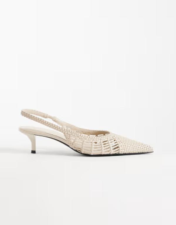 マンゴ レディース シューズ 踵 なめし革 フェイクレザー Mango faux leather braided kitten heel slingbacks BEIGE ベージュ