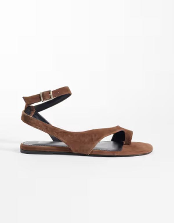 マンゴ レディース シューズ サンダル スエードクロス なめし革 Mango 100% suede leather flat sandal BROWN 赤銅色