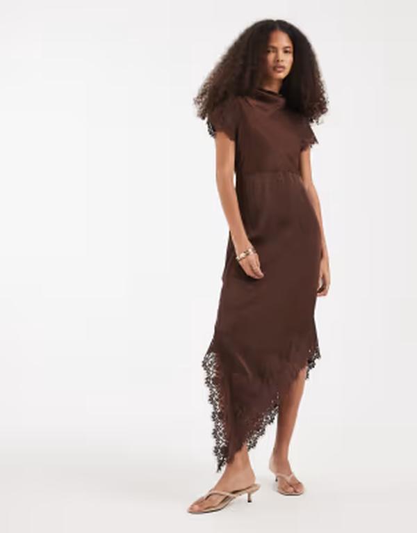 ヴェロモーダ レディース トップス 衣裳 スピード競技刈り込み MIDI 繻子 スピード競技 Vero Moda Vera Moda satin camidi dress with lace trim インチ chocolate torte 黒茶