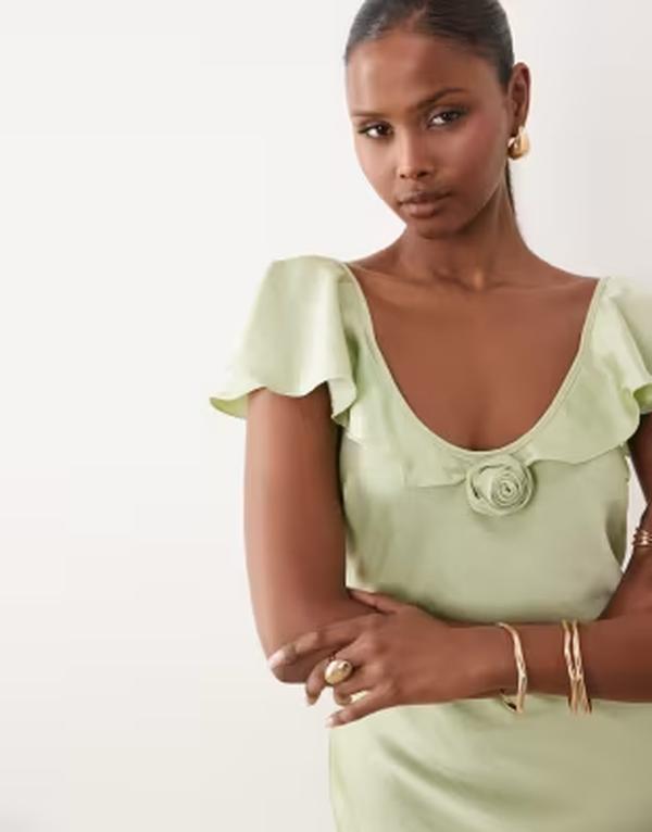 ヴェロモーダ レディース トップス 衣装 旗がしら マキシ Vero Moda cap sleeve rose detail maxi dress インチ sage Celadon green 緑であること