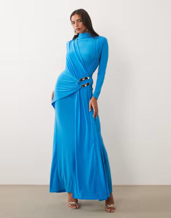 エイソス レディース トップス 衣装 ドレープ マキシ ASOS DESIGN slinky draped maxi dress with trim detail Blue 青色