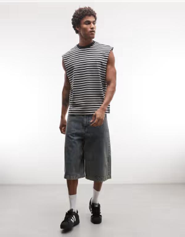 平日 メンズ トップス ティーシャツ ノースリーブ Weekday oversized sleeveless T-shirt stripe Gray stripe 薄墨色