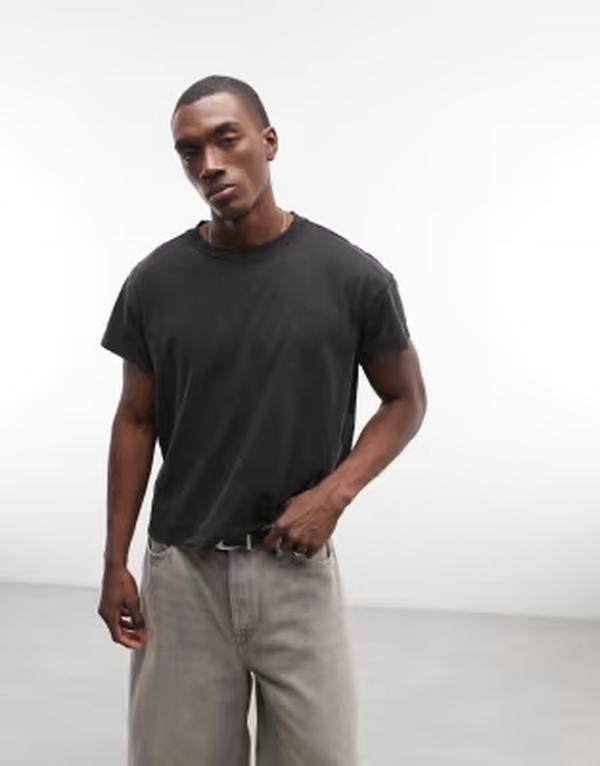 週日 メンズ トップス ティーシャツ 旗がしら Weekday cap sleeve T-shirt Black 黒いこと