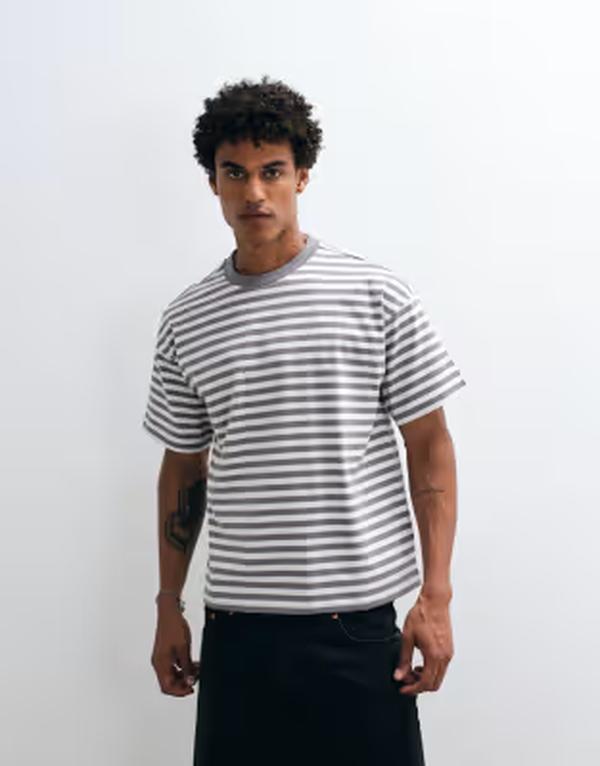 週日 メンズ トップス ティーシャツ Weekday oversized boxy T-shirt and off-white stripes exclusive to ASOS Gray/Off-White 象牙色