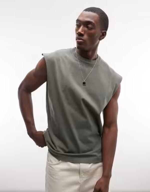 平日 メンズ トップス ティーシャツ ノースリーブ Weekday oversized sleeveless T-shirt Washed khaki カーキ