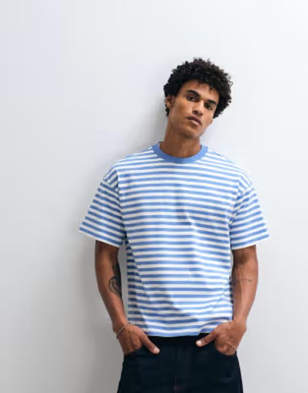 週日 メンズ トップス ティーシャツ Weekday oversized boxy T-shirt and off-white stripes exclusive to ASOS Blue/off-white 象牙色