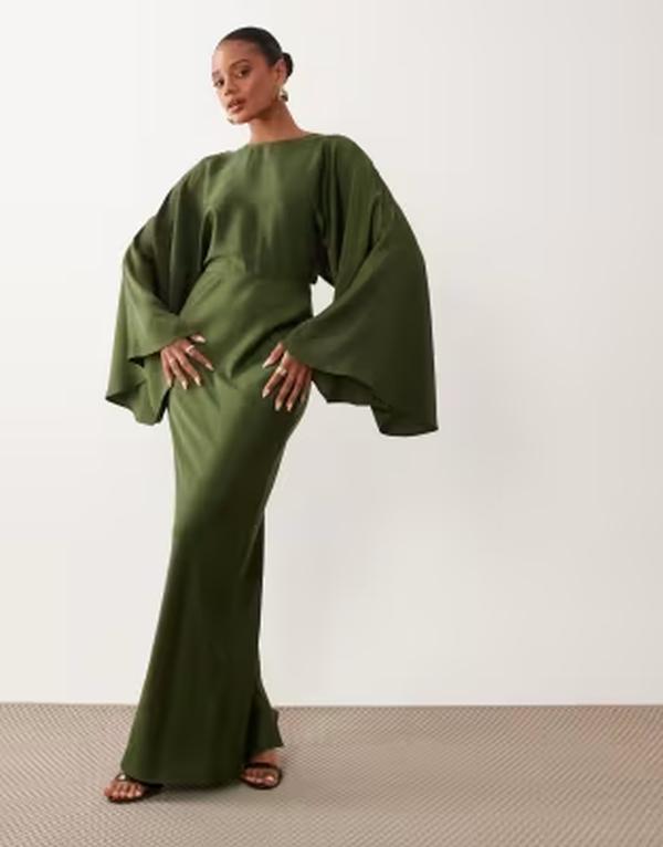 エイソス レディース トップス 衣装 マキシ ASOS DESIGN textured batwing bias waisted maxi dress Khaki カーキ