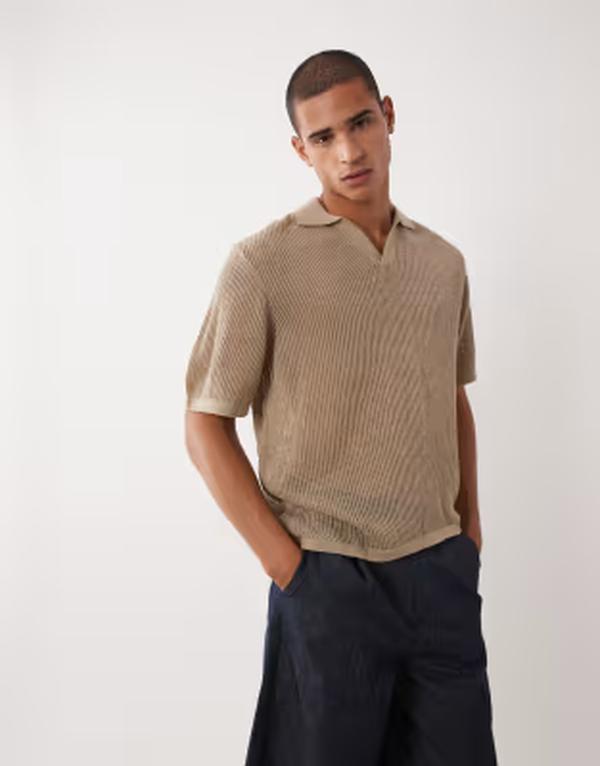 エイソス メンズ トップス スポーツシャツ 編み物 ASOS DESIGN oversized knit short sleeve notch neck polo BEIGE ベージュ