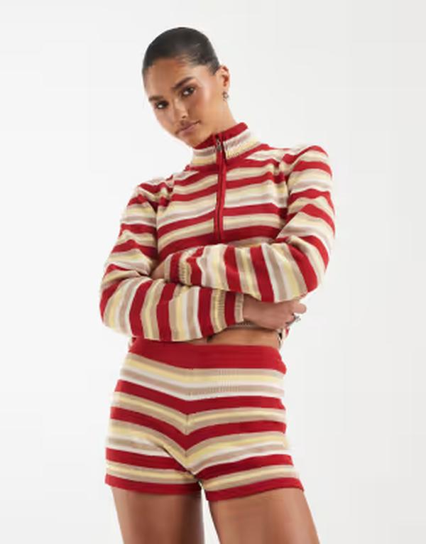 エイソス レディース ボトムス 二分の一ズボン下・さる股引き 遊撃手ズボン下 編み物 ASOS DESIGN knit mirco shorts インチ stripe - part of a set Red stripe 赤いこと