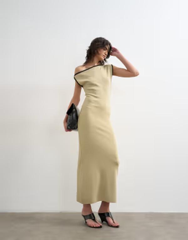 トップショップ レディース トップス ワンピース ニット マキシ Topshop knitextured twist detail off shoulder maxi dress ineutral Neautral｜ReVida 店 17,505円