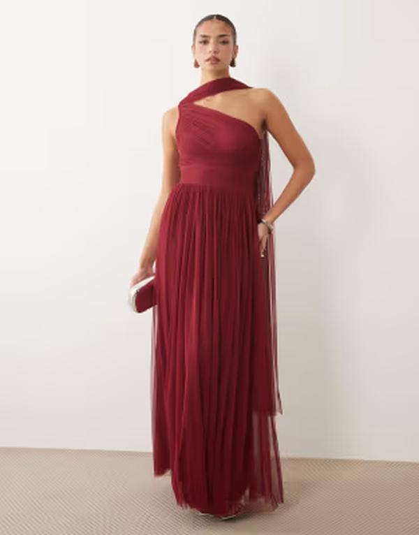 スピード競技 アンド ビーズ レディース トップス 衣装 チュール マキシ Lace \u0026 Beads Bridesmaid tulle one shoulder scarf neck fitted waist maxi dress インチ raspberry