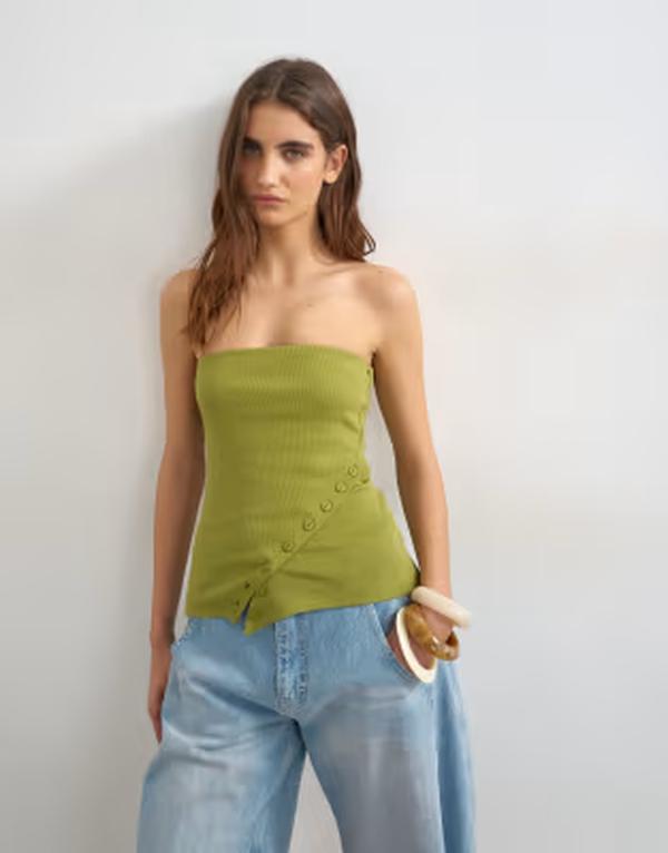トップショップ レディース トップス タンクトップ Topshop bandeau button detail top in olive GREEN グリーン｜ReVida 店
