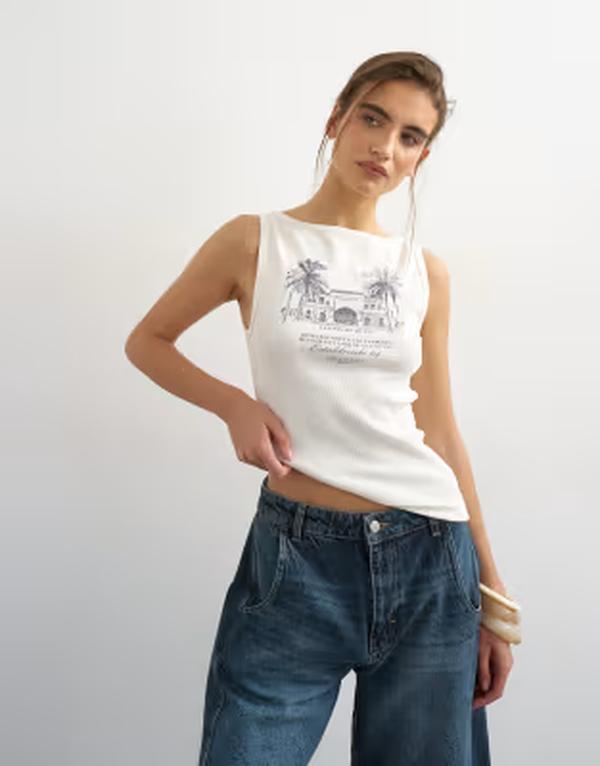 いの一番販売店 レディース トップス より良い グラフィック Topshopalm tree graphic tank top インチ ecru エクリュ