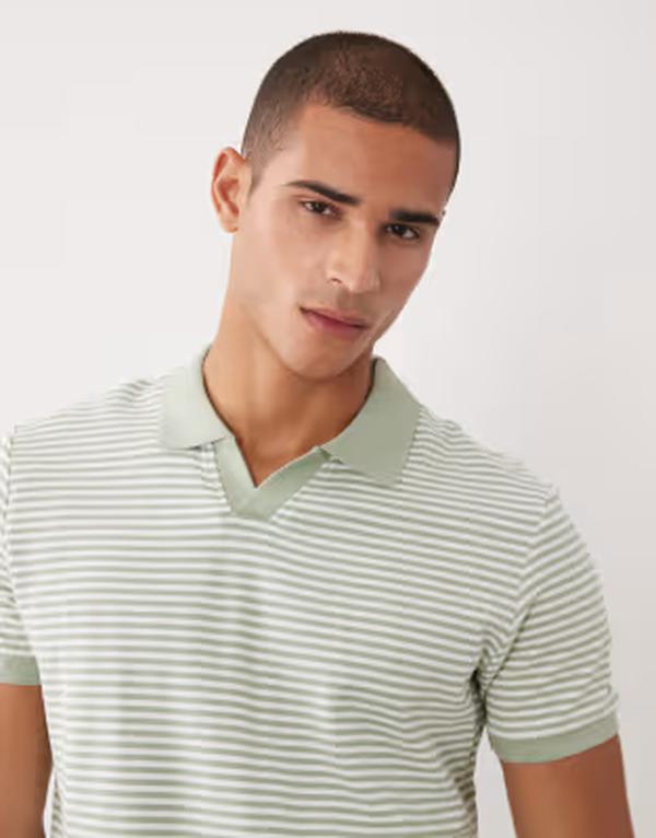 スリードベア メンズ トップス シャツ ニット Threadbare short sleeve knit polo top in sage green and white stripes GREEN グリーン｜ReVida 店