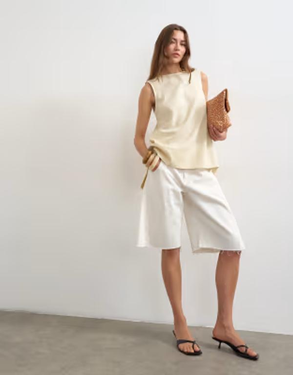 いの一番販売店 レディース トップス 貯蔵タンクいの一番 明けっ広げうしろ側 リネン Topshopen back chuck on linen rich tank インチ stone 石ころ