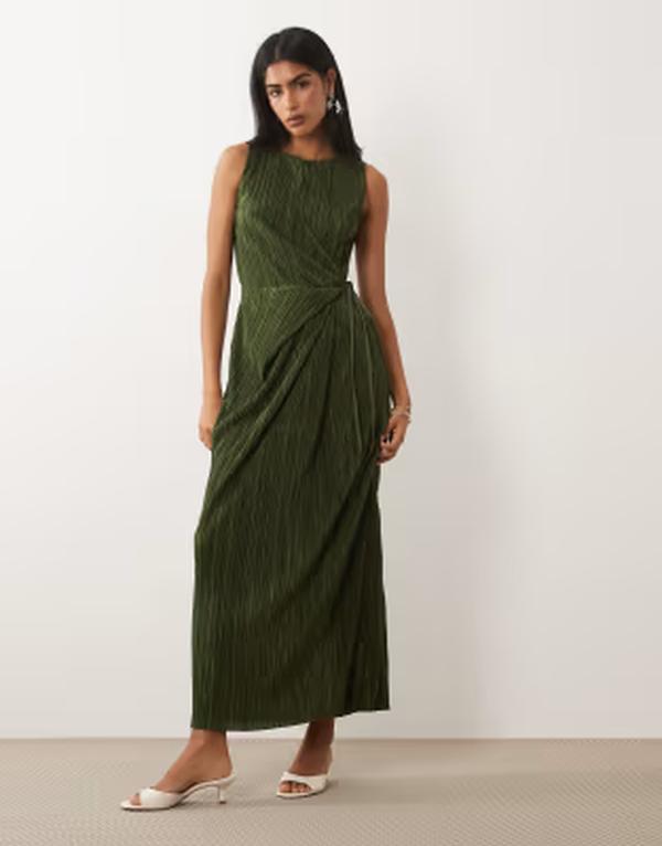 エイソス レディース トップス ワンピース ノースリーブ マキシ ASOS DESIGN plisse sleeveless wrap tie front maxi dress in dark Khaki カーキ｜ReVida 店