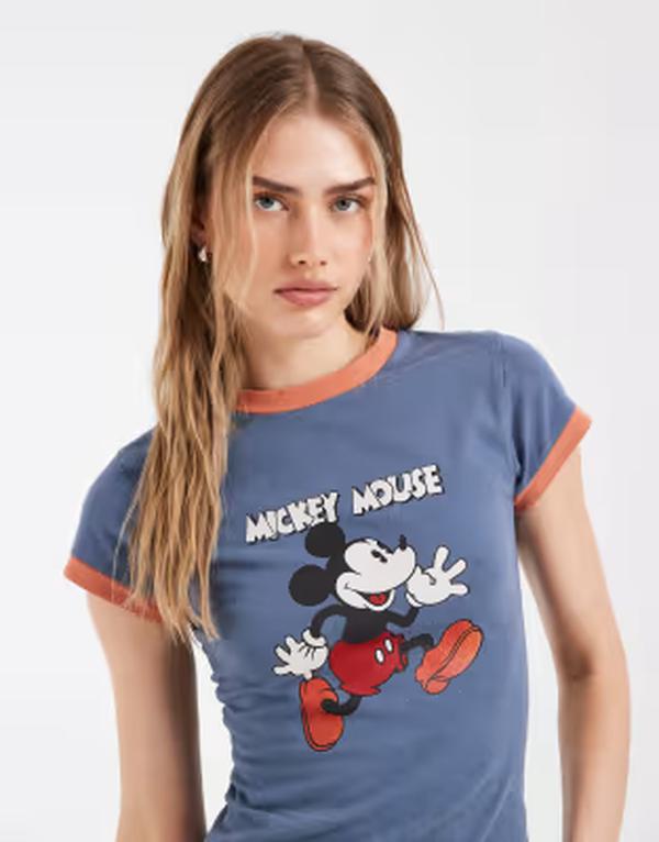 エイソス レディース トップス ティーシャツ 刷り上げる ASOS DESIGN x Disney T-shirt with Mickey print インチ washed BLUE 青碧