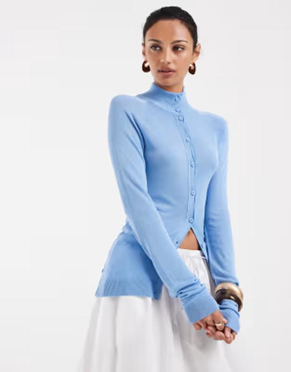 エイソス レディース アウター ジレー 照明ランプのど首 シアー 編み物 ASOS DESIGN fine knit sheer funnel neck cardigan blue 青碧