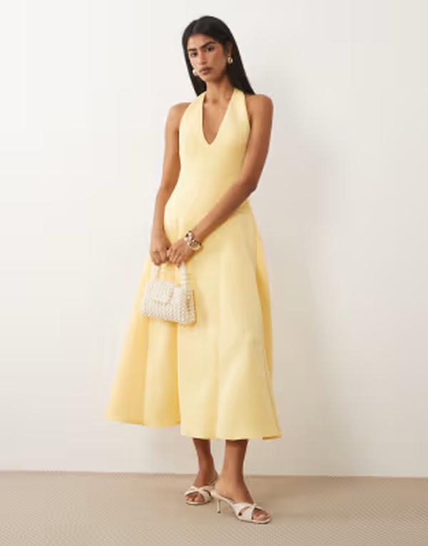 エイソス レディース トップス 衣装 MIDI アクアラング スコート ASOS DESIGN plunge neck structured full skirt MIDI dress インチ yellow scuba-style fabric YELLOW 黄色